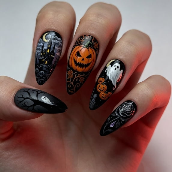 30Pcs Halloween Press On Nails Almond - Spooky Ghost Pumpkin Witch Design | Gothic Acrylic Holiday Press-On Nails with Ghost/Bat/Pumpkin,Reusable & Easy Apply, Ideal for Halloween Party