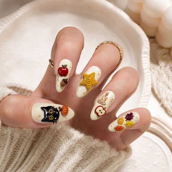 30Pcs Halloween Press on Nails Medium Almond Ghost Fake Nails 3D Black Cat Pumpkin Glue on Nails Maple Leaf Moon Goth False Nails Fall Stick on Nails Handmade Halloween Acrylic Nails for Women