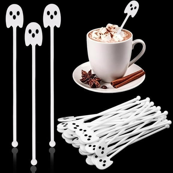 30Pcs Halloween Swizzle Sticks, 7 Inch Ghost Drink Cocktail Stirrers Reusable Stir Sticks for Halloween Summerween Party Supplies Milk Tea Table Decoration Bar Home