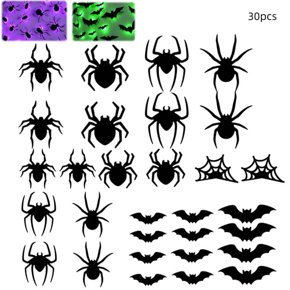 30Pcs Halloween Wall Decor Light up Spiders and Bats, Green 3D PVC Spider Stickers, Removable Wall Decals, Assorted Sizes for Halloween Party, Bedroom Window Decorations