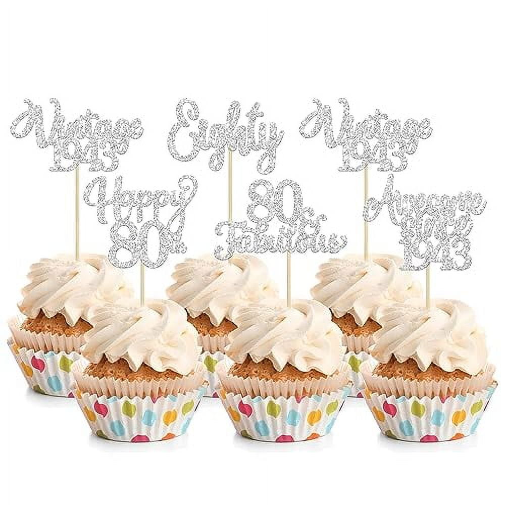 30Pcs Happy 80th Birthday Cupcake Toppers Glitter Awesome Since 1943 Eighty 80 Fabulous Vintage 1943 Cupcake Picks for 80th Birthday Anniversary Retirement Party Cake Decorations Supplies Silver