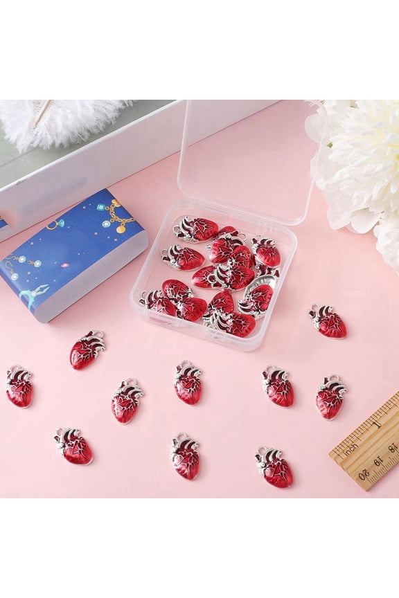 30Pcs Heart Charms Bulk Alloy Anatomical Charms Red Enamel Metal Antique Silver Gothic 3D Organ Hearts Halloween Charms