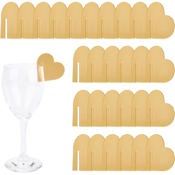 30Pcs Heart Drink Tags Acrylic Marker Wine Glass Charms Tall Cup Label Blanks Flat Glass Identifiers Name Tag Golden Goblet Toppers for Home Bar Festival Christmas Valentines Party