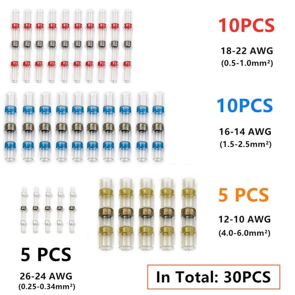 30Pcs Heat Shrink Wire Butt Connectors 26-10 Gauge Solder Seal Sleeve Terminals