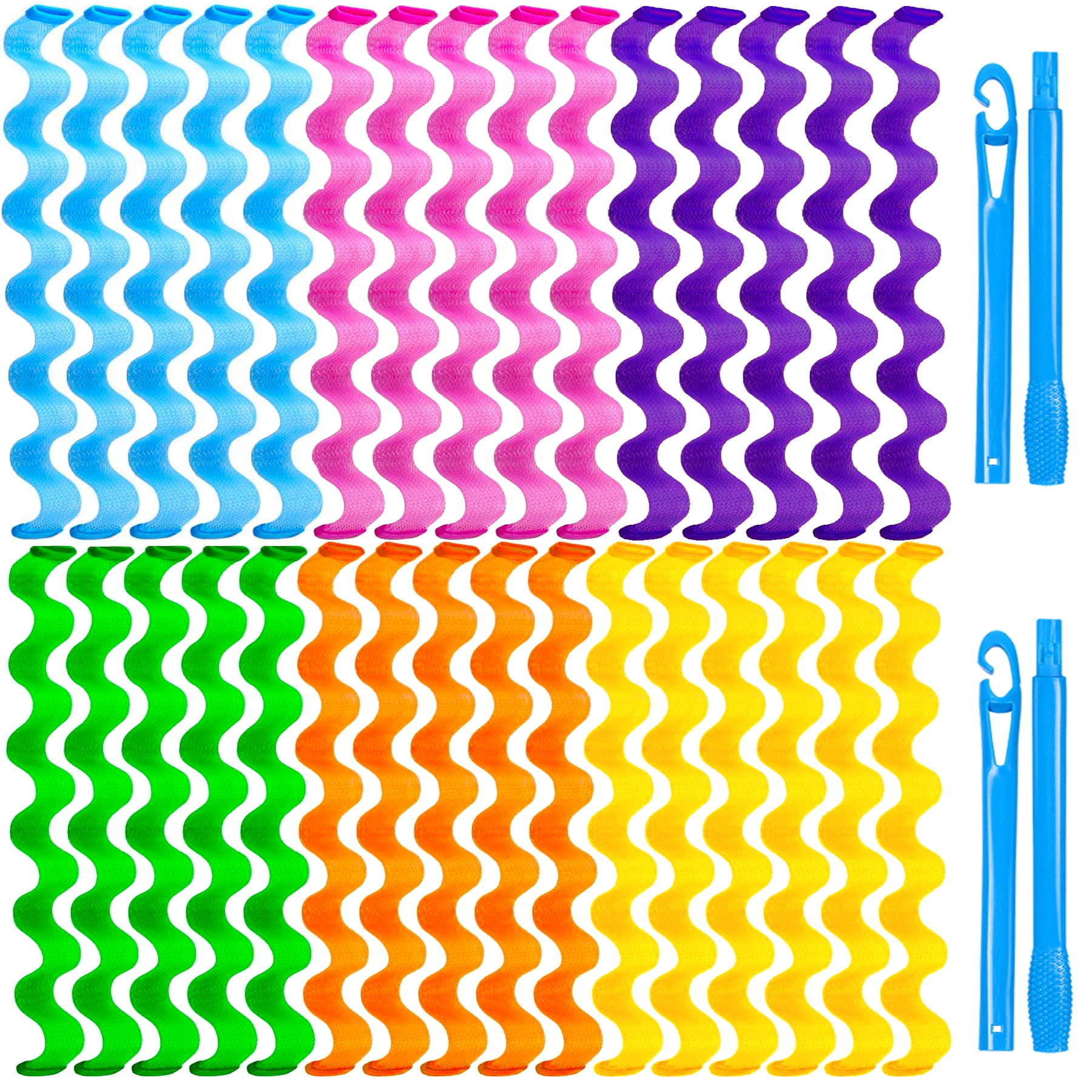 30Pcs Heatless Hair Curlers Wave Curls Styling Kit with 2 Pcs Styling Hooks, No Heat Hair Curlers for Women Girls (6 Colors, 45cm/17.71inch)