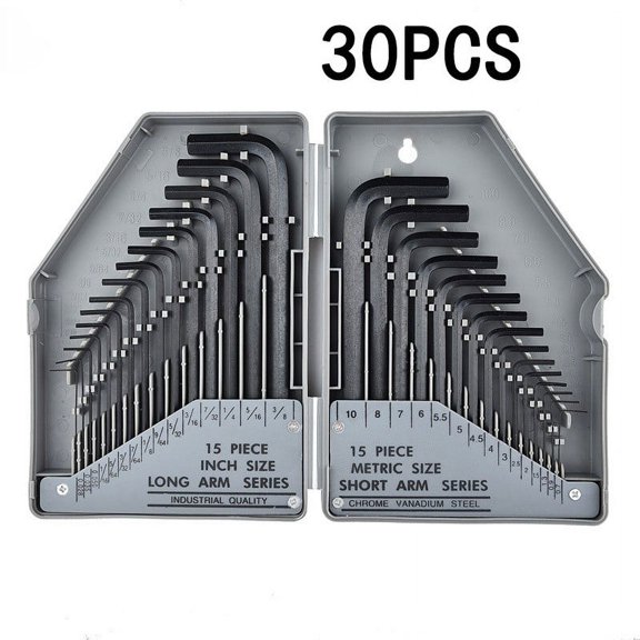 30Pcs Hex Key Wrench 0.028"- 3/8" Inch & 0.7mm-10mm Metric Size Spanner Tool