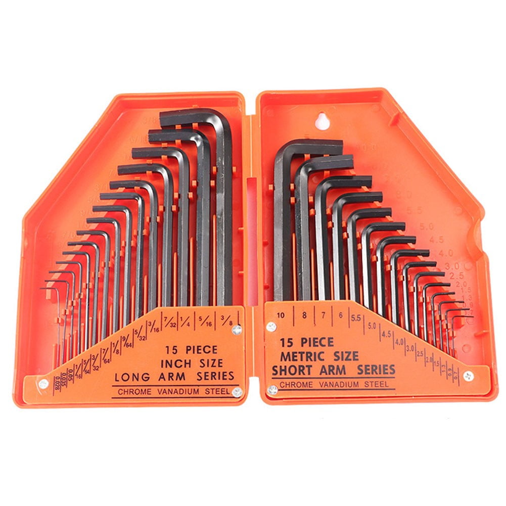 30Pcs Hex Key Wrench 0.028 3/8 Inch & 0.7mm10mm Metric Spanner Tool