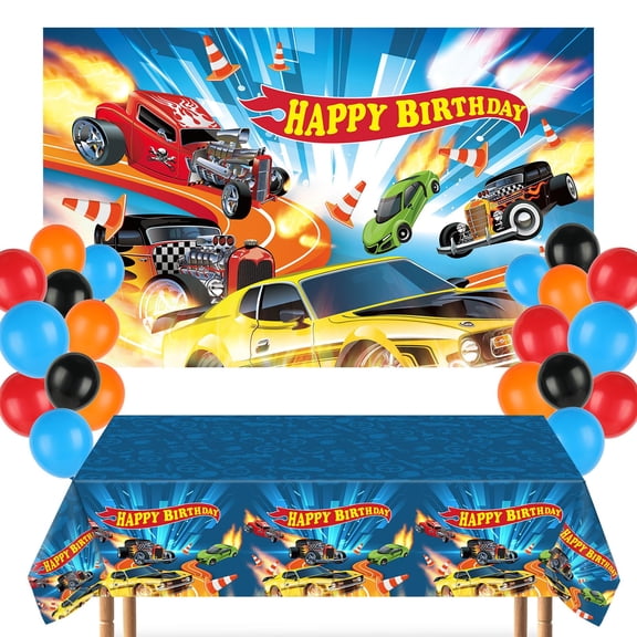 30Pcs Hot Car Birthday Party Decorations Race Cars Backdrop Banner 6.1x3.6ft Racing Plastic Tablecloth Wheels Checkered Flag Foil Balloons for Kids Boys Racer Baby Shower Decor Favor Supplies Y114