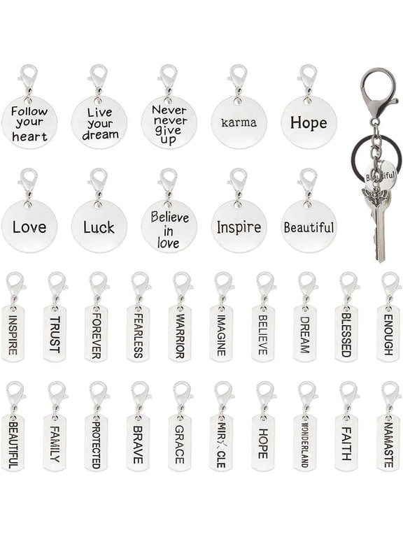 30Pcs Inspiration Words Dangle Charms Clip on Charm Stitch Marker Charm Assorted Word Charms with Lobster Clasp Vintage Alloy Charm Bronze Bracelet Charms