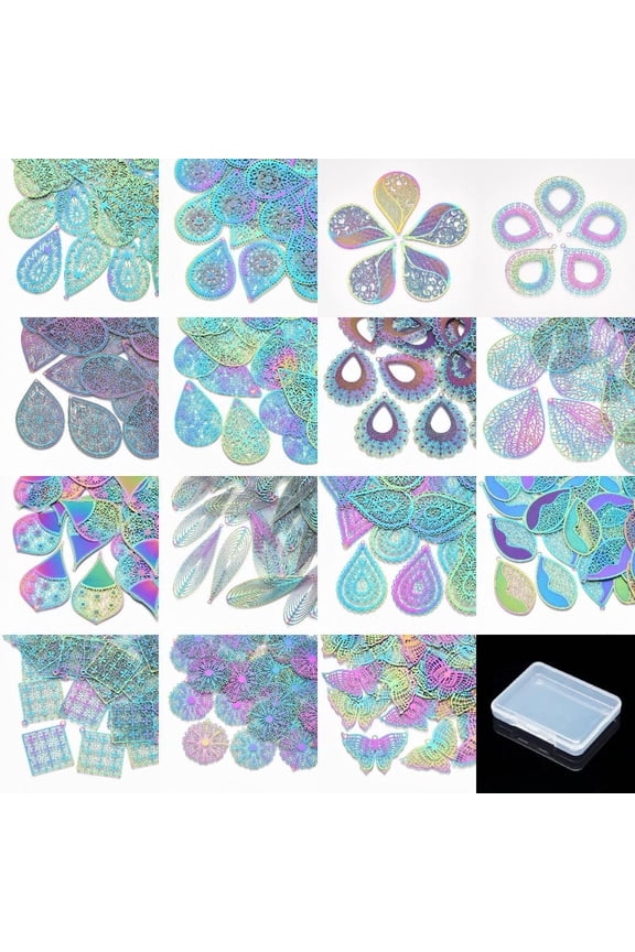 30Pcs Ion Stainless Steel Filigree Pendants Etched Metal Embellishments Teardrop Rainbow Color 26~60x16~40.5x0.2~0.3mm hole: 1.2~2mm