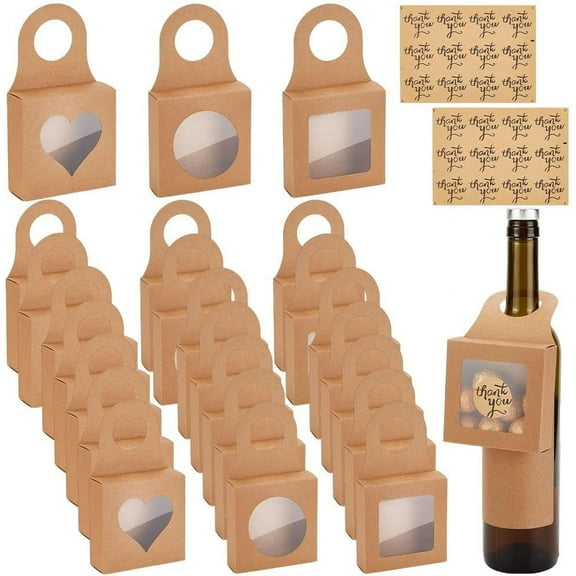 30Pcs Kraft Paper Wine Bottle Box with Window 3 Styles Foldable Wine Candy Boxes With Thank You Sticker Wine Accessory Sets Bottles for Gift Giving Wedding and Christmas Party Burlywood Mixed Color
