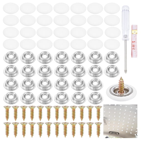 30Pcs Leather & Iron Car Fixing Buckle with 1Pc Steel Head Screwdrivers and 1Pc PU Iron Soft Tape Measure for Car Roof Tarp Repair Clips White
