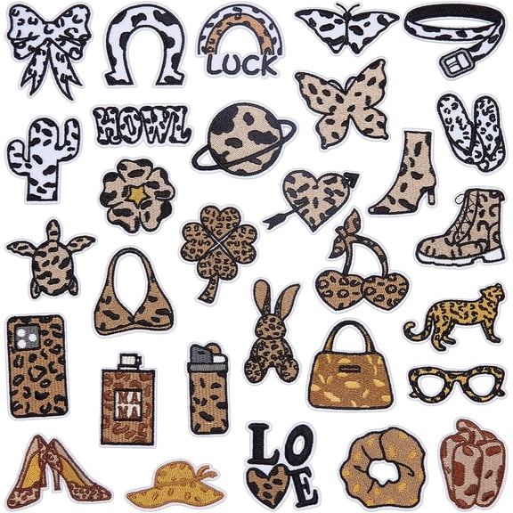 30Pcs Leopard Print Iron on Patch 30 Styles Polyester Embroidered Applique for Clothes Sew on Leopard Pattern Decorative Patches