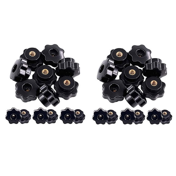 30Pcs M6 Star Knob Clamping Handle Nut Through Hole Set Brass Female Threaded Handle Screw on Knob Grip Black Plastic