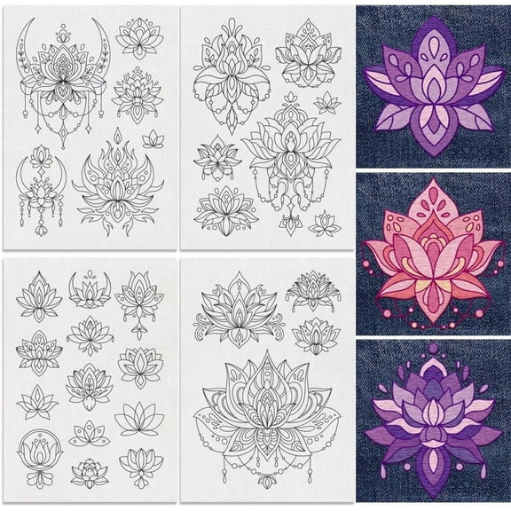 30Pcs Mandala Lotus Water Soluble Hand Sewing Stabilizers 8.3"x11.7" Lotus Flower Embroidery Pattern Stabilizer 4 Sheets Floral Stick and Stitch Embroidery Paper Sticker for DIY