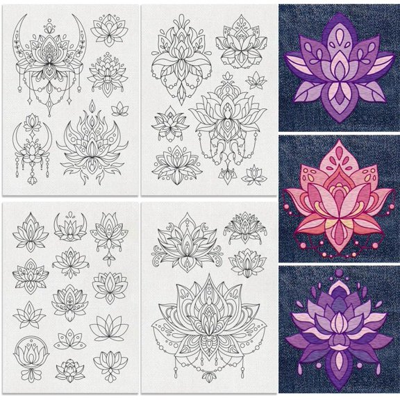 30Pcs Mandala Lotus Water Soluble Hand Sewing Stabilizers 8.3"x11.7" Lotus Flower Embroidery Pattern Stabilizer 4 Sheets Floral Stick and Stitch Embroidery Paper Sticker