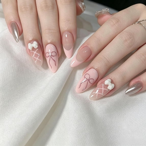 30Pcs Medium Almond Press On Nails, Full Cover Acrylic Fake Nails Reusable Glue On False Nail Tips for Daily Sweet Girly Wedding Elegant Women Nail Art Decoration
