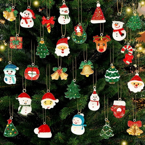 30PCS Mini Christmas Tree Ornaments with Gold Embroidery Thread, Resin Christmas Tree Decorations Small Santa Clause Charms Xmas Sets for Holiday Christmas Hanging Decor