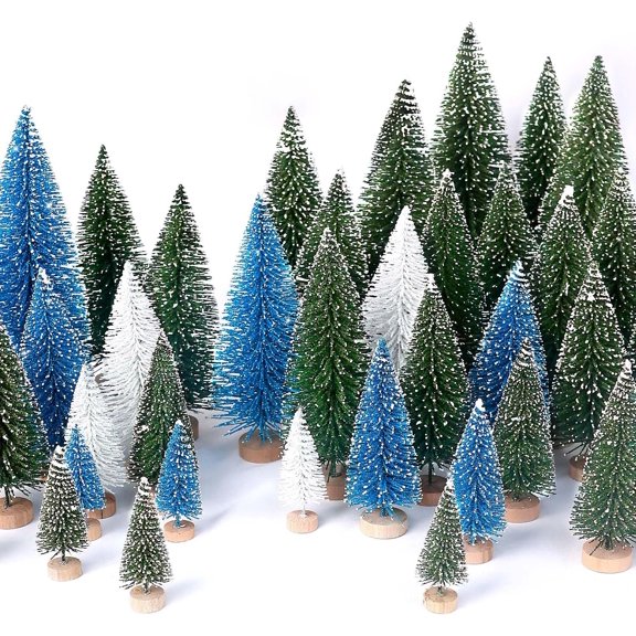30Pcs Mini Christmas Trees - Artificial Bottle Brush Trees with Wooden Base for Home Table Craft Decorations