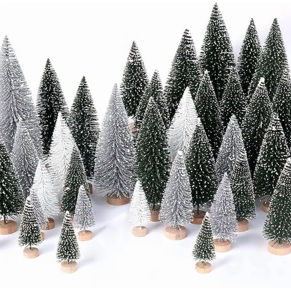30Pcs Mini Christmas Trees Artificial Christmas Tree Bottle Brush Trees with Wooden Base for Christmas Decor Party Home Table Craft Decorations(Green+Silver+White)