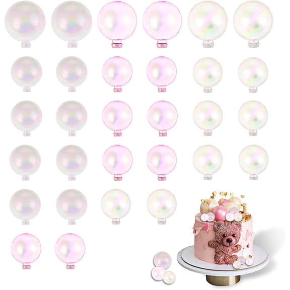 30Pcs Mini Colorful Bubble Cake Decorations Iridescent Cake Balls Bubble Balls Clear Balls Cake Toppers Balloon Cake Balls Decoration for Wedding Anniversary Birthday Party Supplies(Clear Pink White)