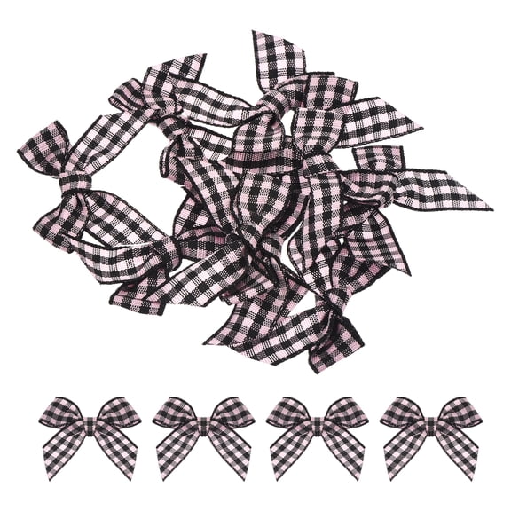 30Pcs Mini Gingham Ribbon Bow 1.5" Checkered Fabric Satin Ribbon Bows for Craft Black and Pink