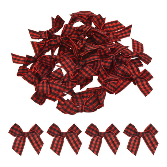 30Pcs Mini Gingham Ribbon Bow 1.5" Checkered Fabric Satin Ribbon Bows for Craft Black and Red