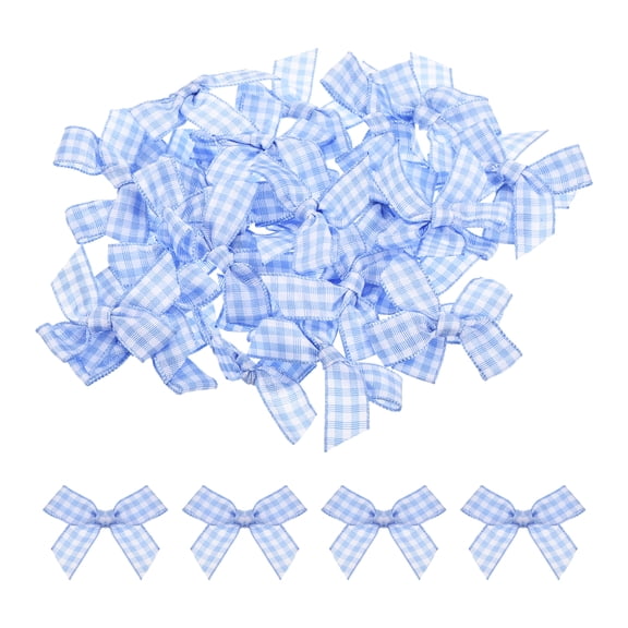 30Pcs Mini Gingham Ribbon Bow 1.5" Checkered Fabric Satin Ribbon Bows for Craft Light Blue and White