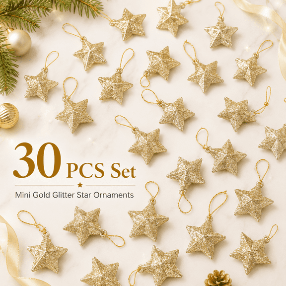 30Pcs Mini Gold Glitter Star Pendant Christmas Tree Hanging Decorations Xmas Star Pendant Tree Ornament Decoration for Christmas