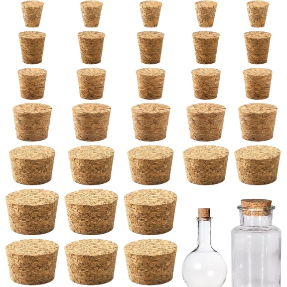 30Pcs Natural Corks Stoppers for Bottles, Assorted Sizes Cork Stoppers, Small Cork Plug, Soft Wood Tapered for Salt and Pepper DIY Projects, Airtight Sealing, Laboratory & Wine Bottles