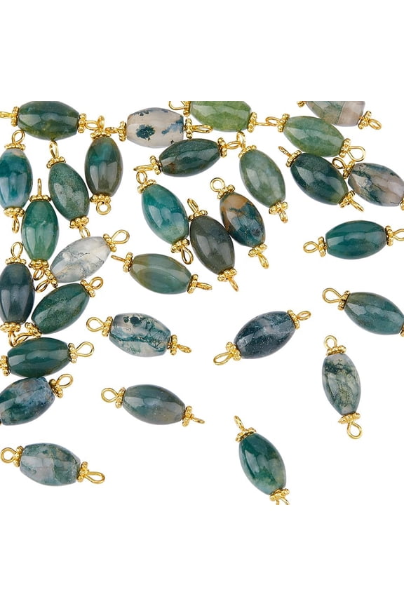30Pcs Natural Stone Pendants Links Oval Stone Link Charms Moss Agate Gemstone Connectors with Brass Double Loop for Jewelry Making Craft Hole: 1.8mm DIY Golden