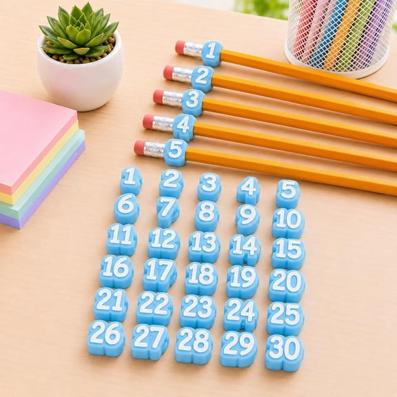30Pcs Numbered Pencil Toppers, Reusable Plastic Classroom Pencil Labels for Teachers, 1-20, 1-30 or 1-50 Number Tracking Markers for Supply Stations, Desk Bins, and School Organization (Light Blue)