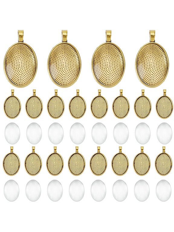 30Pcs Oval Alloy Pendant Cabochon Settings 30Pcs Transparent Glass Cabochons Golden diy