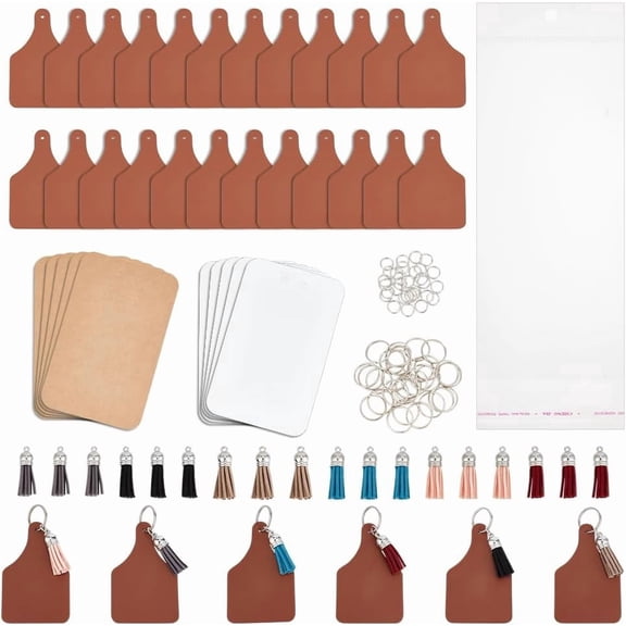 30Pcs PU Leather Label Tags with Holes with 30Pcs Suede Tassel Pendant Decorations 30Pcs Rectangle OPP Cellophane Bags for DIY Jeans