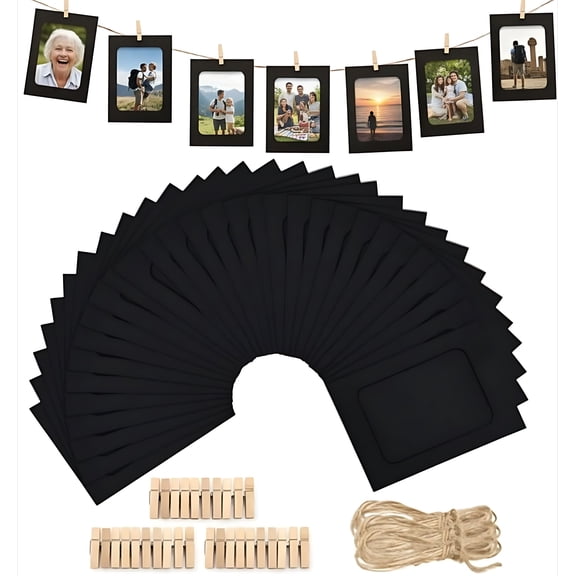 30Pcs Paper Picture Frames - 4x6'' Black Paper Photo Frames Cardboard Picture Frames with Clip and String DIY Clip Photo Holders Photo Hanging Display Kit Wall Decoration for Home Party Office