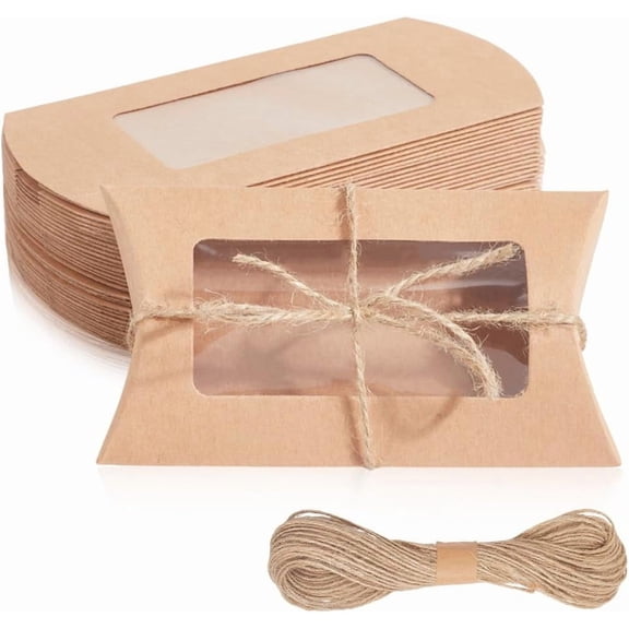30Pcs Paper Pillow Candy Boxes Candy Packaging Box with Clear Window and Jute Twines for Birthday Wedding Party diy