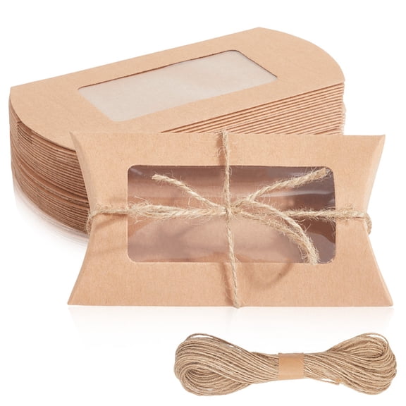 30Pcs Paper Pillow Candy Boxes for Wedding Favors Baby Shower Birthday Party Supplies with Jute Twines BurlyWood 14.4x7.3x0.1cm