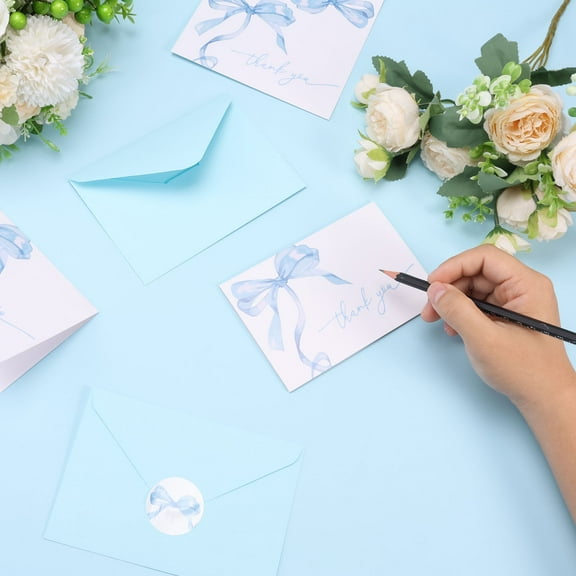 30Pcs Pink Bow Thank You Cards Bow Greeting Cards with Envelopes Stickers Blank Note Card for Wedding Bridal Baby Shower Birthday, 4.3 x 6.3 Inch BrioTek