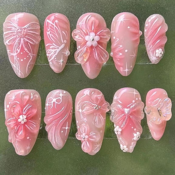 30Pcs Pink Press on Nails Medium Almond Fake Nails with 3D Flower Butterfly Designs Stick on Nails Bow False Nails Spring Summer Floral Acrylic Nails Gold Bead Glue on Nails for Women Nail Supplies