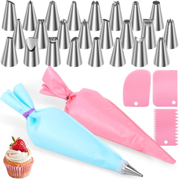 30Pcs Piping Bag and Tip Set Multiple Shape Stainless Steel Tip and 12 Inch Piping Bag for Cookie Cupcake Macaron for Beginner and Baking Enthusiast
