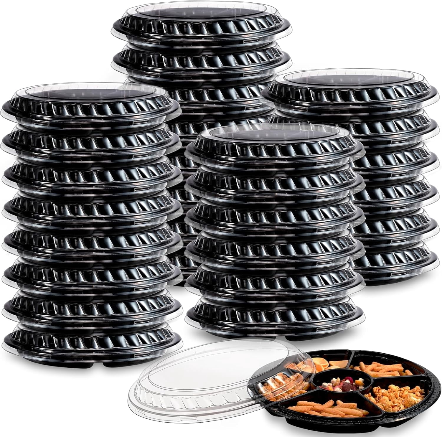 30Pcs Plastic Appetizer Tray with Lid,Heavy Duty Veggie Fruit Snacks Trays,Disposable Food Storage Containers with 6 Divided Compartment,Round Appetizer Serving Tray for Party Buffet Salad Nut