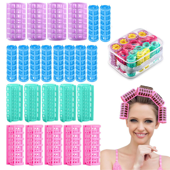 30Pcs Plastic Hair Curlers Snap on Rollers, 5 Sizes Hair Rollers Set, Self Grip Hairdressing Curlers for DIY Hair Styling and Salon Use (Random Color)