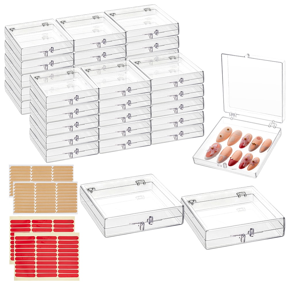 30Pcs Plastic Nail Tips Storage Box with 4 Sheets Double Side Adhesive Glue Sticky Tape For False Nail Tips Mixed Color 19x14x0.05cm DIY