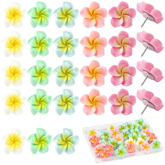30Pcs Plumeria Resin Cabochon Map Pins Iron Drawing Push Pins for Photos Wall Maps Bulletin Board Mixed Color 20x6mm