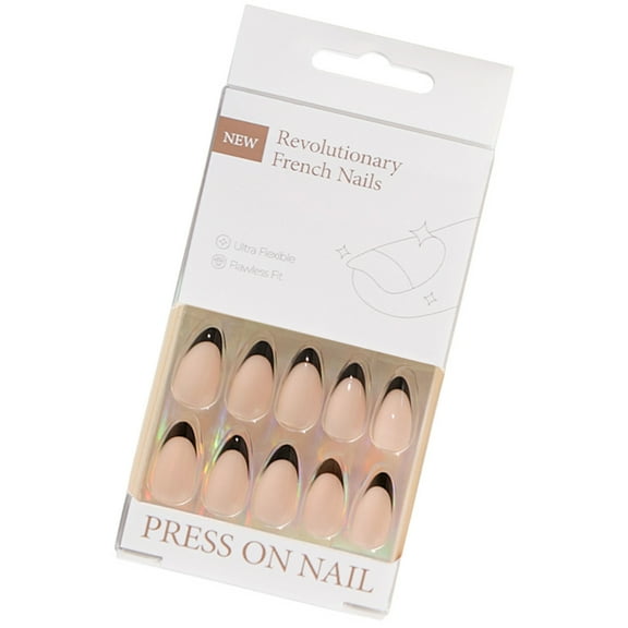 30Pcs Press on Nails French Tip Almond Middle Acrylic False Nails Set Stick on Nails with Natural Look Easy Application