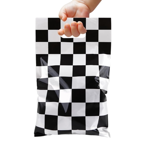 30Pcs Race Car Party Favors Bag Goodie bags Racing in Speed Party Decorations Soccer Theme Black and White Checkered Candy Bags with Handles for Kids Race Car Birthday Party Supplies