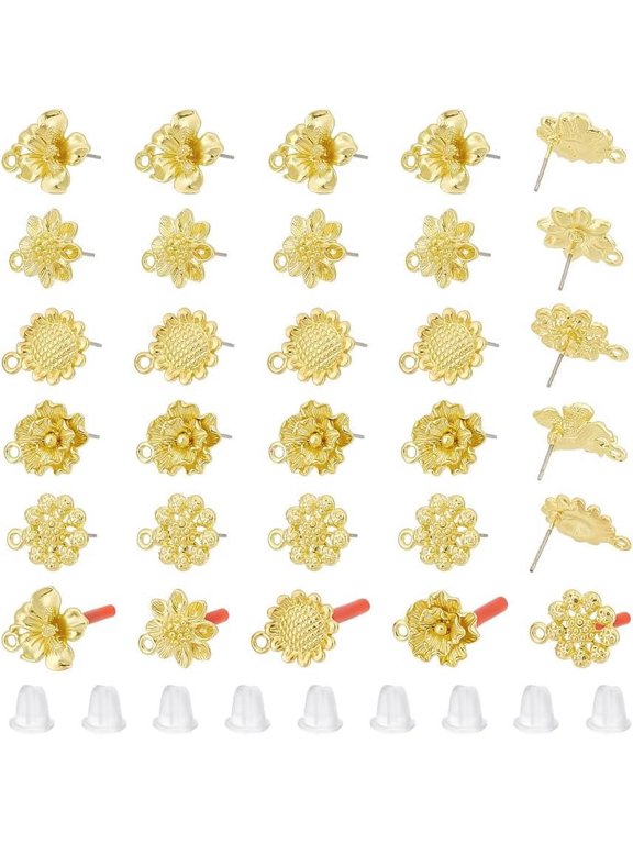 30Pcs Rack Plating Golden Alloy Stud Earring Findings with Loops and Stainless Steel Pins Cadmium Free Nickel Free Lead Free for Craft Accessories