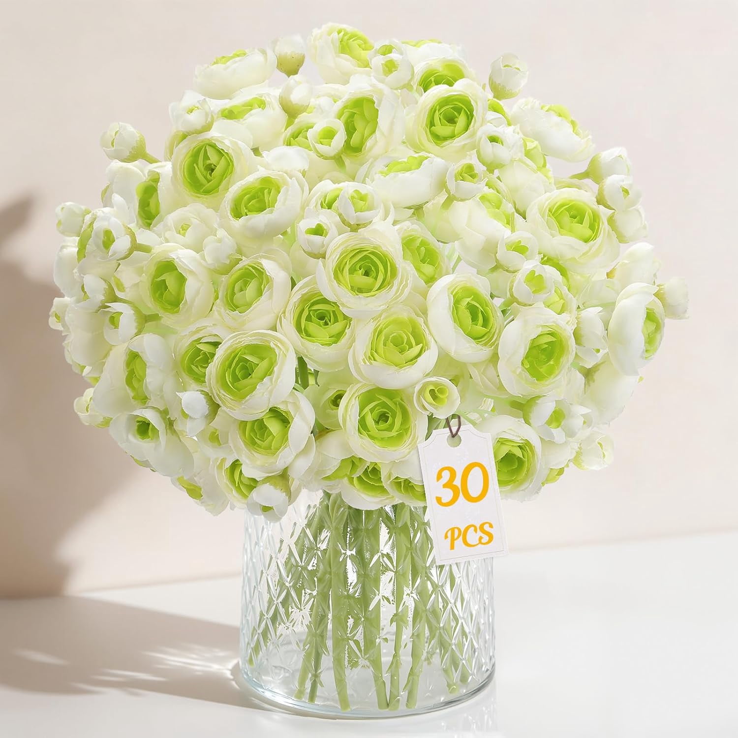30Pcs Ranunculus Artificial Flowers Faux Silk Mini Ranunculus, Spring Flowers Artificial Indoor for DIY Bouquets, Bulk Fake Wedding Filler Flowers for Bride Decorations & Arrangements, Green