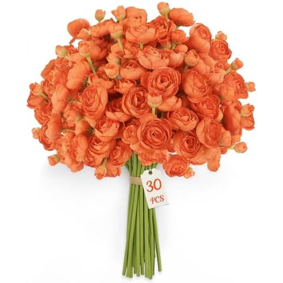 30Pcs Ranunculus Artificial Flowers Faux Silk Mini Ranunculus, Spring Flowers Artificial Indoor for DIY Bouquets, Bulk Fake Wedding Filler Flowers for Bride Shower Decorations, Burnt Orange