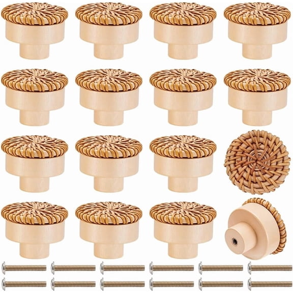 30Pcs Rattan Woven Wood Round Drawer Knobs Drawer Pulls Handle Iron Screw for Home Cabinet Cupboard and Dresser Goldenrod 39-41.5x30.5-31mm